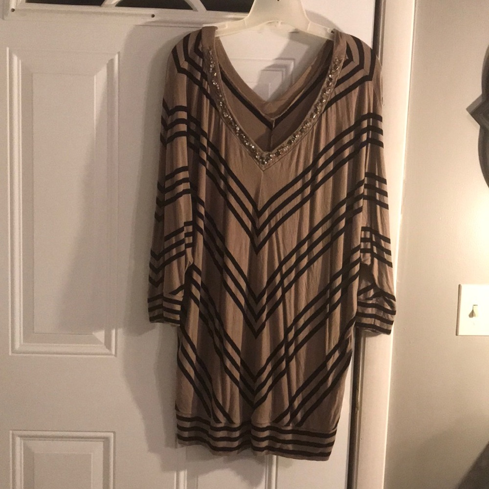 Tan and black vneck with rhinestones tunic